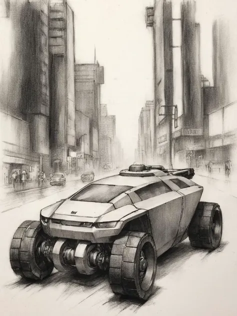 robotic vehicule, cyberpunk cityscape<lora:A_GraphiteCharcoal_Style:1> graphite_charcoal, drawing study, outline, (rough sketch:1.3), (bold srokes), paper grain, traditional media,