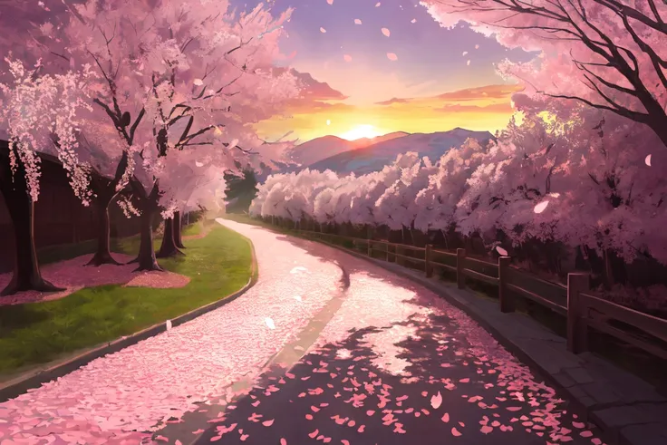 (photorealistic:1.2), illustrated by Hidenori Matsubara, vibrant fantasy landscape, cherry blossom petals falling, illuminated by a warm and inviting sunset, smooth shading and textures, and a subtle glow