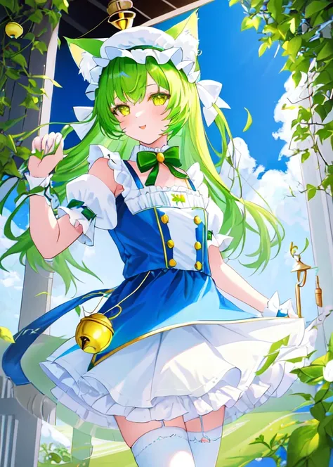 1girl, small catgirl, white cat ears hat, short lime green hair, blue and white maid outfit, (cat_paws), (cat_feet), chimes bell under the neck, chimes bell under ears