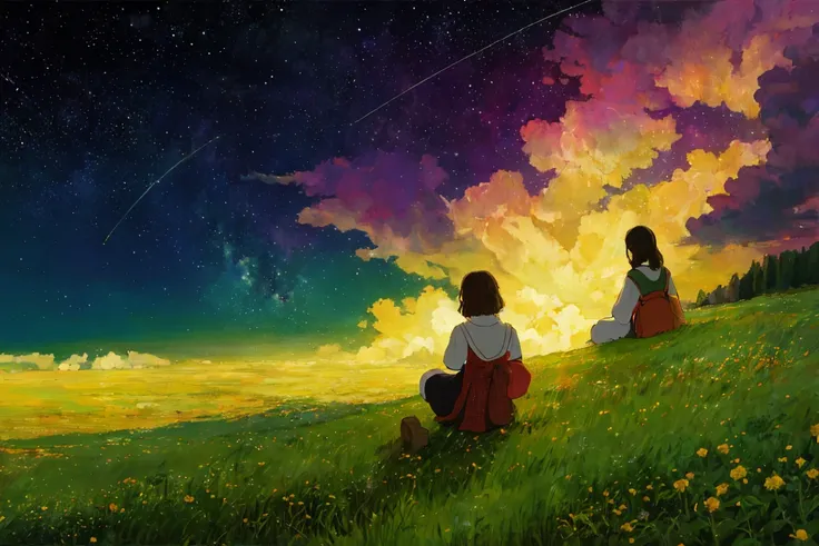 (ghibli style:0.9), field, (sitting on the ground:0.8), starry sky, 
dreamlike,renaissance, detailed,
digital painting, best quality, masterpiece, impressionism, vibrant colors,<lora:openjourneyLora:0.5> <lora:studioGhibliStyle_offset:0.9>