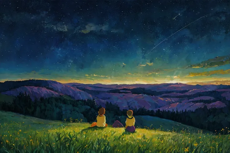 (ghibli style:0.9), field, (sitting on the ground:0.8), starry sky, 
dreamlike,renaissance, detailed,
digital painting, best quality, masterpiece, impressionism, vibrant colors,<lora:openjourneyLora:0.5> <lora:studioGhibliStyle_offset:0.9>