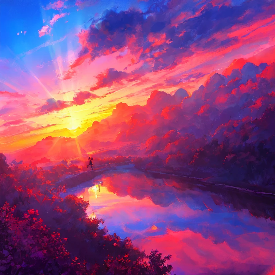 1boy, blue sky, pink sky, sunrise,
dreamlike,
digital painting, best quality, masterpiece, impressionism, vibrant colors, volumetric lighting, soft light, diffused lighting, radiant light rays,