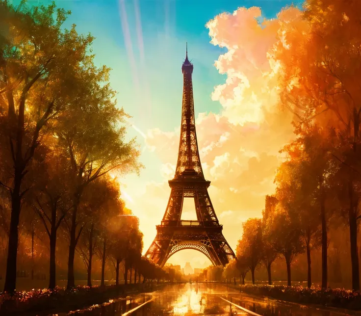 vibrant fantasy landscape, eiffel tower,
dreamlike, 
digital painting, best quality, masterpiece, impressionism, vibrant colors, volumetric lighting, soft light, diffused lighting,  radiant light rays,