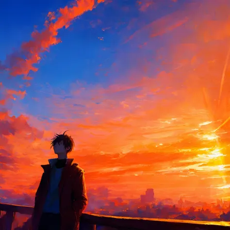 (1boy:1.05), blue sky, orange sky,  
dreamlike, 
digital painting, best quality, masterpiece, impressionism, vibrant colors, volumetric lighting, soft light, diffused lighting,  radiant light rays,