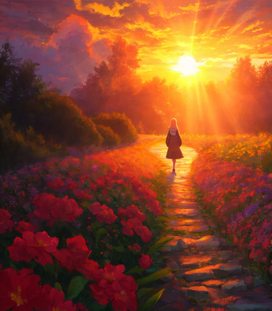 sunset, flowers, (path:0.8), (countryside:0.8),
dreamlike,
digital painting, best quality, masterpiece, impressionism, vibrant colors, volumetric lighting. soft light, diffused lighting, radiant light rays,
