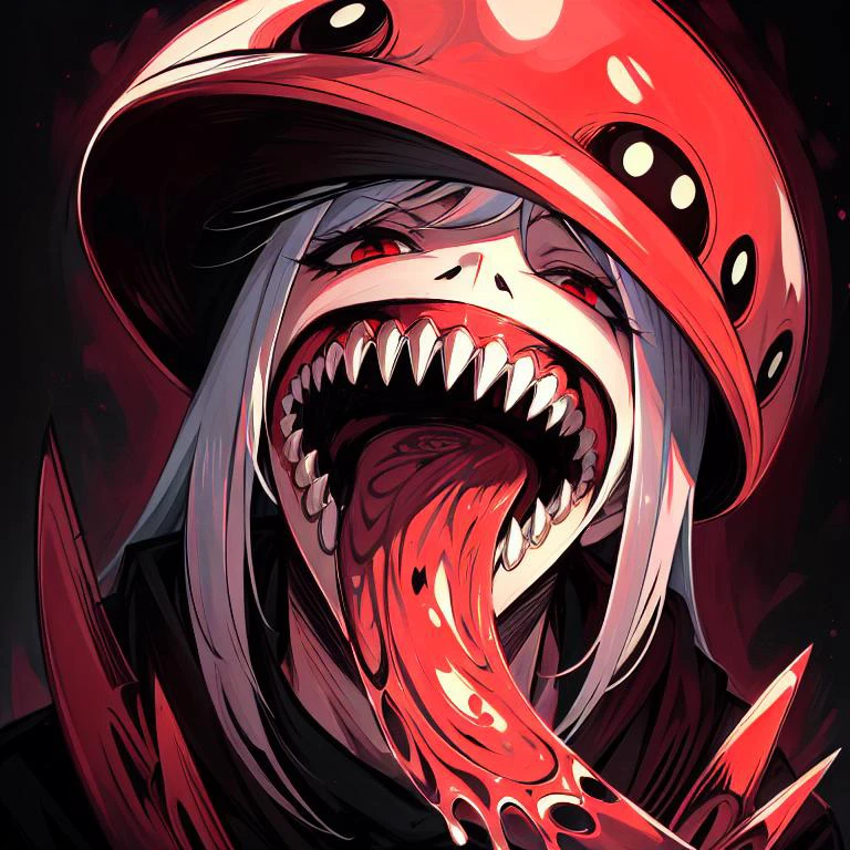 mushroom monster, open_mouth, sharp_teeth, fangs, creepy, scary, horror, eating humans