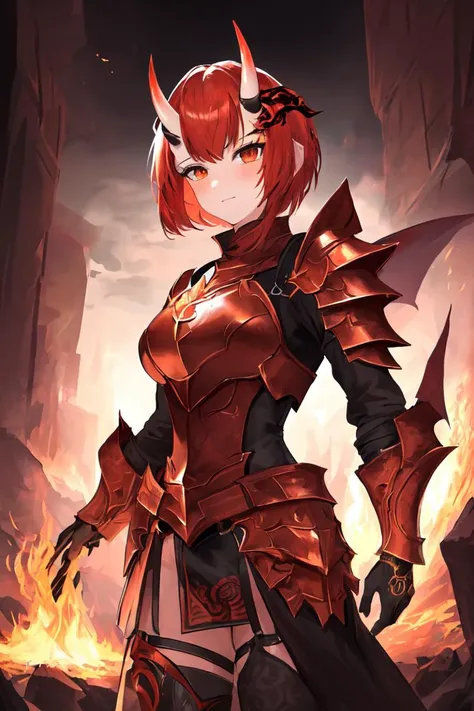 (1girl:1.2), (highly detailed face:1.3), masterpiece, best quality, (flaming hair), (oni horns:1.2), short hair, demonic armor, oni, standing, (hellscape), aesthetic, intricate, caustics