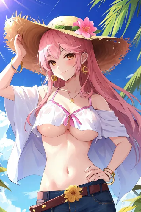 1girl, hat, breasts, jewelry, pink hair, underboob, bracelet, solo, straw hat, belt, hand on hip, looking at viewer, long hair, hat flower, medium breasts, flower, sun hat, smile, brown headwear, earrings, upper body