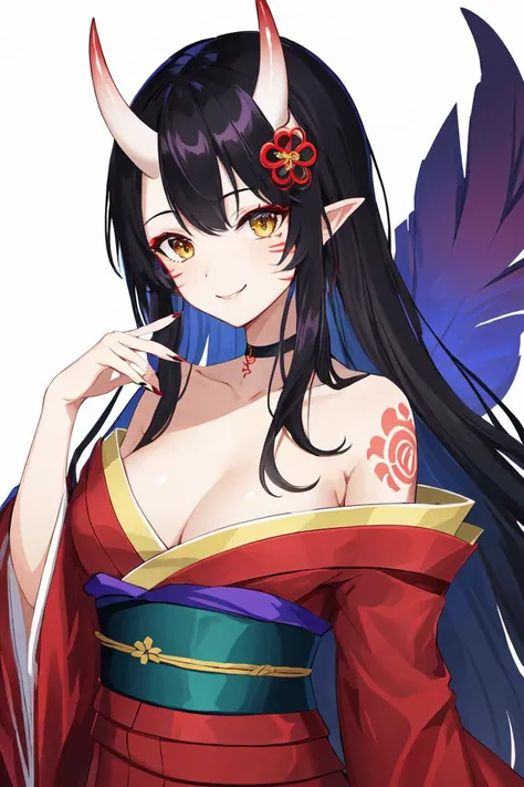 skistyle, 1girl, sarashi, black choker, horns, solo, choker, long hair, japanese clothes, looking at viewer, hair ornament, white background, kimono, upper body, facial mark, red nails, bare shoulders, open clothes, hand up, bangs, off shoulder, red kimono, chest sarashi, oni horns, yellow eyes, simple background, nail polish, very long hair, makeup, tattoo, open kimono, smile, strapless, fingernails, wide sleeves