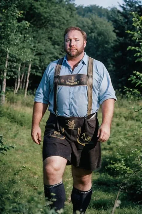 cinematic photo, full body portrait, Alexjones Person wearing a lederhosen and crosspiece with Beau blue colored shirt , in Grass Forest, 35mm photograph, film, bokeh, professional <lora:Lederhosen-v1:.7> <lora:epiCRealismHelper:.7> <lora:Alex Jones - Trigger w Alexjones Person:1> <lora:weight_slider_v2:2>