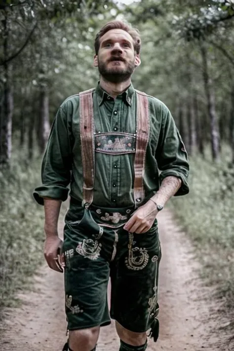 cinematic photo, PewDiePie wearing a lederhosen and crosspiece with Moss green colored shirt , in Dry Savanna Forest, 35mm photograph, film, bokeh, professional, 4k, highly detailed <lora:Lederhosen-v1:.9> <lora:epiCRealismHelper:.7> <lora:PewDiePie_vng:1>