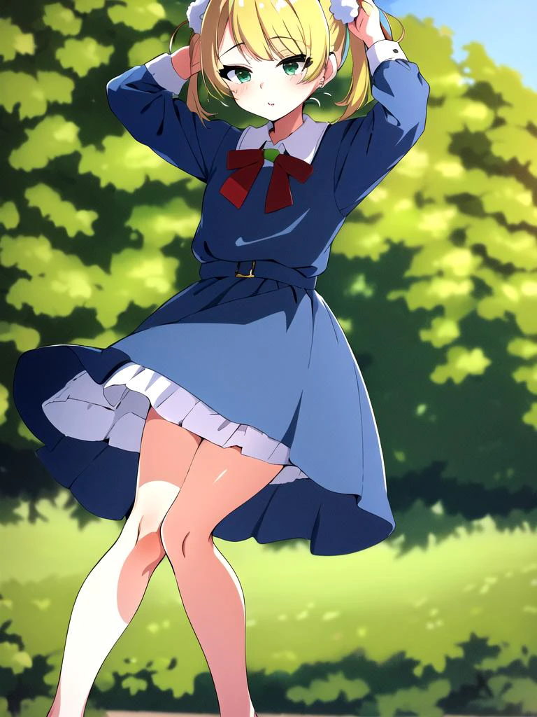 masterpiece, best quality, detailed, 1girl, solo, windy, full body, green field background, hands behind head,, ,takeda hiromitsu style, <lora:takeda_hiromitsu_style_v2 by Goofy Ai:1>,, ,blue dress, white shirt, twin tails, blonde, green eyes, flat, <lora:ShigureUI:0.7>,