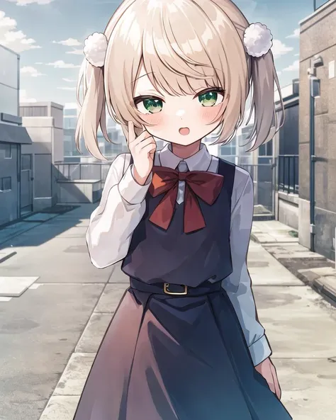 1girl,  
<lora:school_rooftop_v0.1:0.9>, school rooftop, outdoors, sky, fence, 
 <lora:ShigureUI:0.8>, shigureui, blue dress, white shirt, twin tails, blonde, green eyes, flat