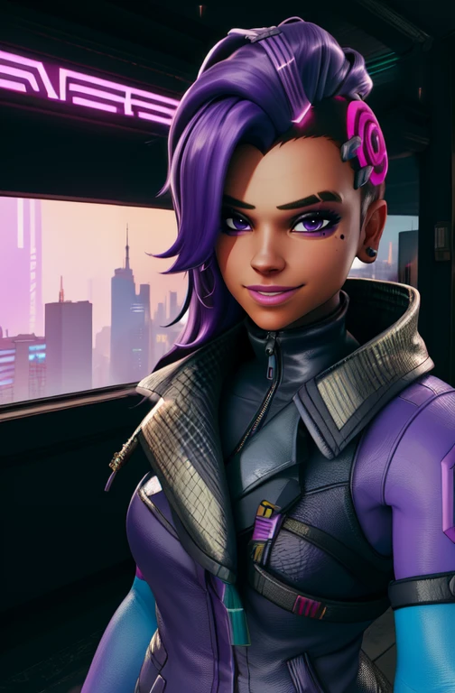 sombra, purple hair, purple eyes, mole under eye,
elbow gloves, purple jacket, pantyhose, light smile,
standing, upper body, looking at viewer,
night, city, indoors,
(insanely detailed, beautiful detailed face, beautiful detailed eyes, masterpiece, best quality),solo,
cyberpunk, <lora:sombraOW2-10:0.8>