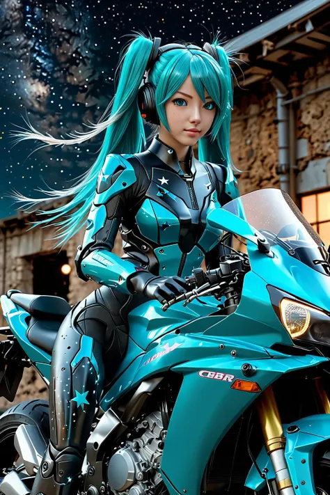 best quality, masterpiece, high resolution photo, ultra detailed, 16K, 8K, intricate details, (Detailed Illustration:1.4), (perfection lighting:1.2), (cinematic lighting:1.6),
BREAK
Hatsune Miku, Body suit, full suit, boots, Motorcycle,(HONDA CBR650R:1.4), perfect details, Mecha, perfect face, cute face, pail skin, extremely detailed, intricate, (Illustration:1.6), wallpaper, looking at viewer, (hair fluttering in the wind:2),
BREAK
Background, (ruins of a closed factory:1.6), (late night), (wonderful starry sky:2), (shooting star:1.4), (puddle on the road), <lora:aesthetic_anime_v1s:0.4> <lora:FutureSuperBike_v3:0.4> <lora:Asian girls faceV2:1.3>