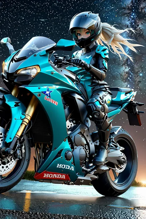 best quality, masterpiece, high resolution photo, ultra detailed, 16K, 8K, intricate details, Detailed Illustration, (perfection lighting:1.2), (cinematic lighting:1.6),
BREAK
Hatsune Miku, Body suit, full suit, boots, Motorcycle,(HONDA CBR650R:1.4), perfect details, Mecha, perfect face, cute face, pail skin, extremely detailed, intricate, (Illustration:1.2), wallpaper, looking at viewer, (hair fluttering in the wind:2),
BREAK
Background, (ruins of a closed factory:1.6), (late night), (wonderful starry sky:2), (shooting star:1.4), (puddle on the road), <lora:aesthetic_anime_v1s:0.3> <lora:FutureSuperBike_v3:0.4> <lora:Asian girls faceV2:1.4>