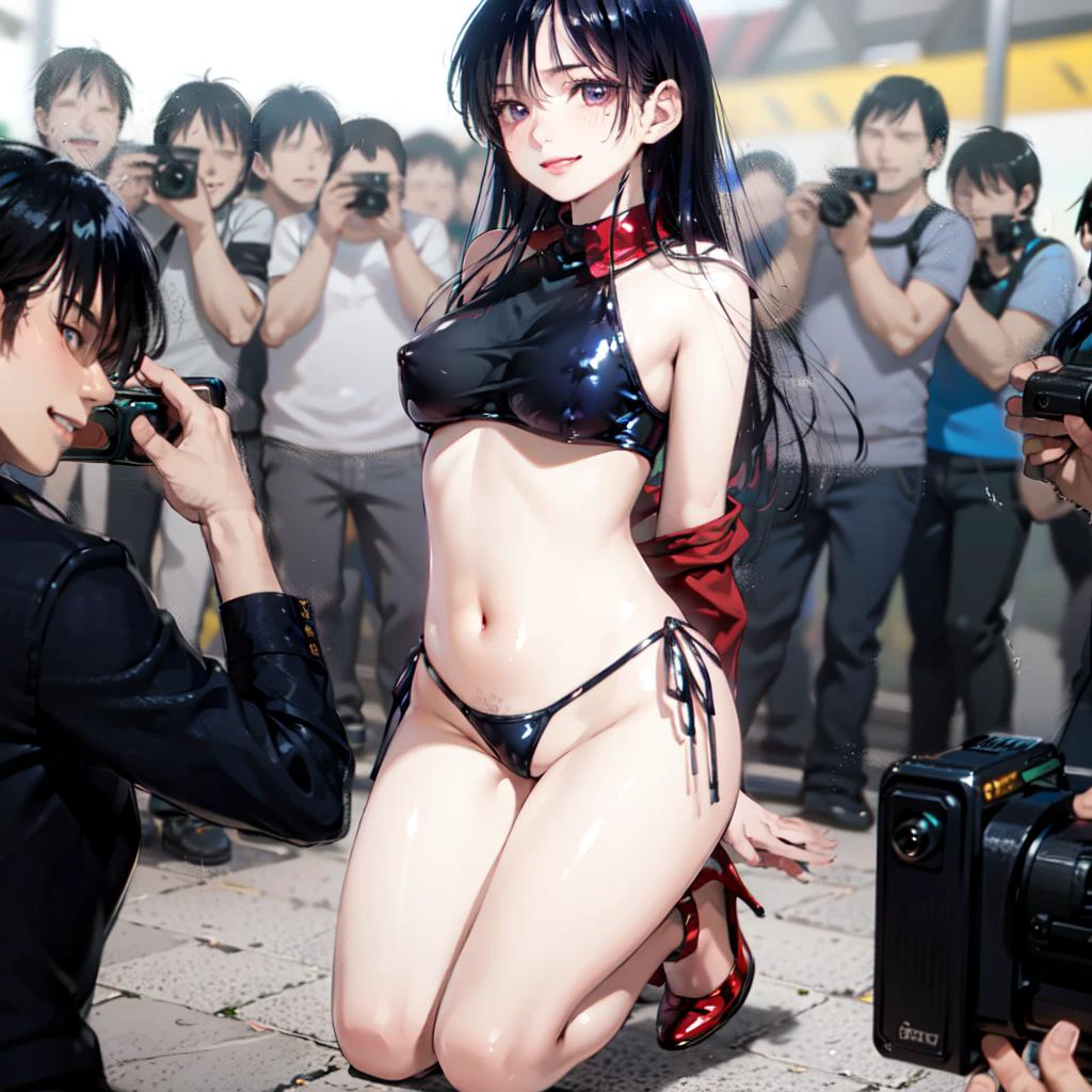 (8k, RAW photo, best quality, masterpiece:1.2), (ultra highres:1.0),detailed illustration, detailed, (realistic, photo-realistic:1.37), detailed beautiful skin,
<lora:dreamyGirlsFace_dreamyFace:0.6>, <lora:CostumeBikiniJeans_v1:1.3>, bikini_jeans, <lora:inPublic_v10:1.3>, public, <lora:Sailor_Mars_hino_rei-01:0.6>
(1 girl: 1.2),(full body:1.2), cute face, slim body, seductive, smile, sailor mars,black hair,long_hair, purple_eyes,,red high heels,, standing in tokyo street,
red bikini, hands in pocket,
photographer, foreground, camera, tokyo street, japan buildings,
lens glare, blurry background