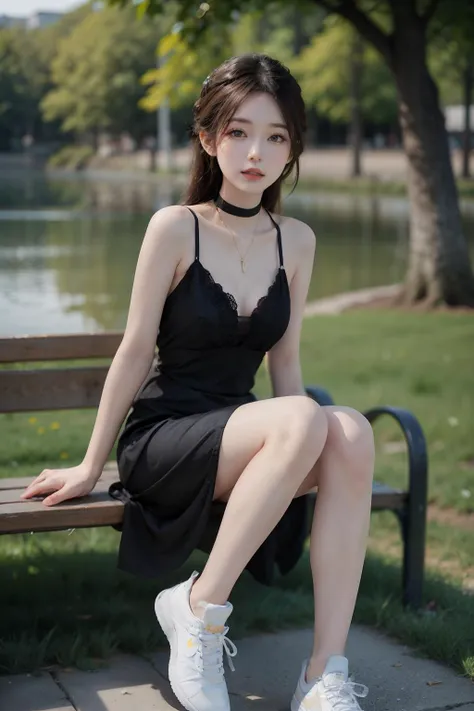 Best quality, masterpiece, ultra high res, (photorealistic:1.4), raw photo,  in a park by the lake, daylight, blue sky, 1girl with pretty face, medium breasts and long legs, slender, wearing black choker, rose floral dress and white nike shoes, sitting on bench <lora:asianGirlsFace_v1:0.3> <lora:Oriental_Beauty_2:0.3>  <lora:tangbohu_blurbg_v2:2>