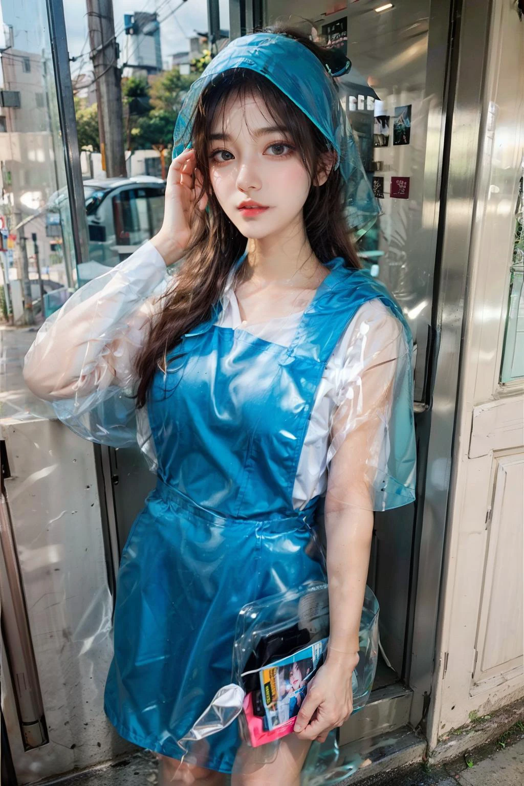 1girl with cute face and black hair ponytail, standing, slender, wearing white shirt, pinafore, (blue uniform:1.2), tie, white shoes, waiting outside of 711, <lora:transparent raincoat2:0.9> (transparent raincoat, transparent hood, hood up:1.2) <lora:msu3:0.8> best quality, masterpiece, ultra high res, (photorealistic:1.4), raw photo <lora:asianGirlsFace_v1:0.3> <lora:Oriental_Beauty_2:0.3> <lora:add_detail:0.5> <lora:FilmG4:0.3>