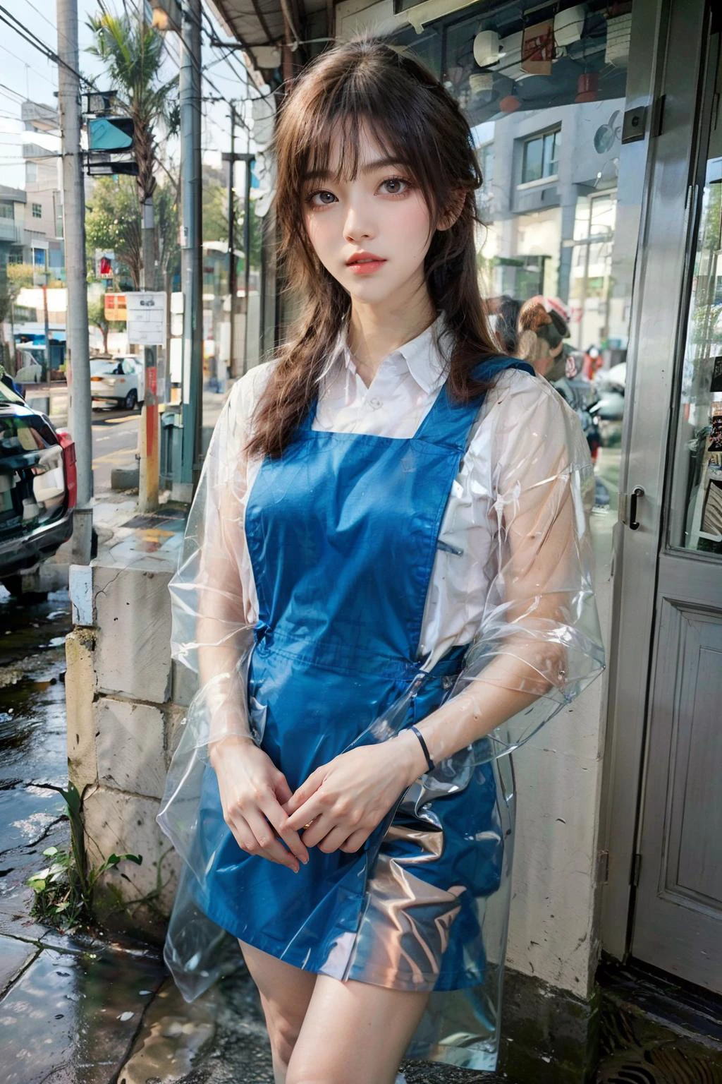 1girl with cute face and black hair ponytail, standing, slender, wearing white shirt, pinafore, (blue uniform:1.2), white shoes, waiting outside of 711, <lora:transparent raincoat2:0.9> (transparent raincoat:1.2), hood down <lora:msu3:0.8> best quality, masterpiece, ultra high res, (photorealistic:1.4), raw photo <lora:asianGirlsFace_v1:0.3> <lora:Oriental_Beauty_2:0.3> <lora:add_detail:0.5> <lora:FilmG4:0.3>