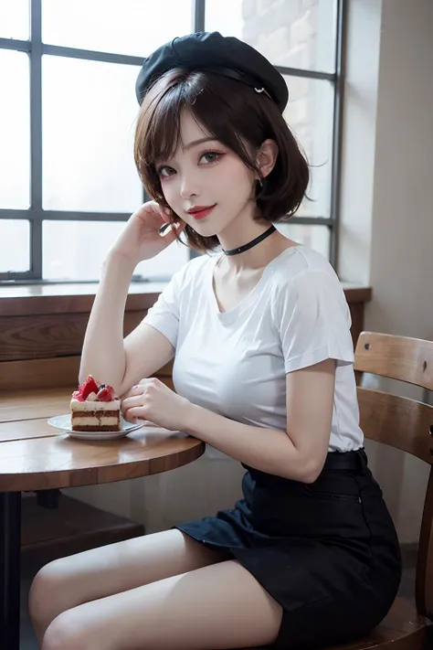 1girl with pretty face and black short hair, airy bangs, big smile, wearing choker, white oversized t-shirt, cap and white shoes, medium breasts, slender, inside cafe, coffee and cake on table, best quality, masterpiece, ultra high res, (photorealistic:1.4), raw photo <lora:asianGirlsFace_v1:0.3> <lora:Oriental_Beauty_2:0.3>