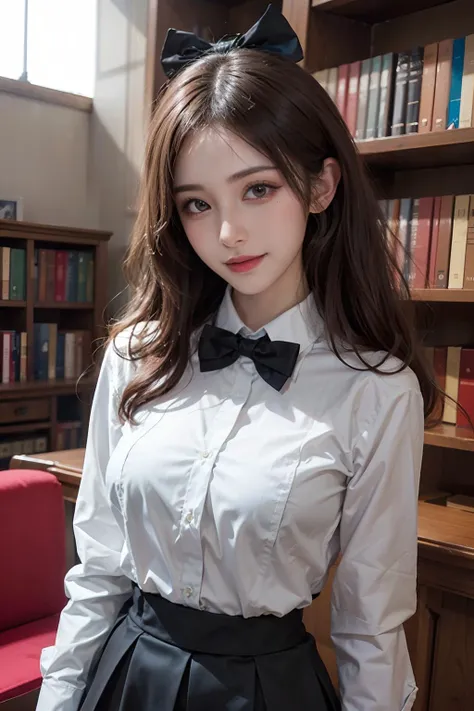 nsfw, 1girl with pretty face and brown wavy hair, smile, wearing white shirt, string bow tie and black pleated skirt, medium breasts, slender, public library, many bookshelves, best quality, masterpiece, ultra high res, (photorealistic:1.4), raw photo <lora:asianGirlsFace_v1:0.3> <lora:Oriental_Beauty_2:0.3>