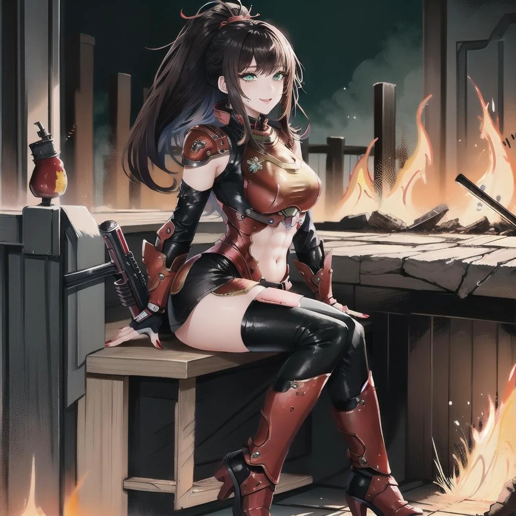 realistic, photo-realistic, award winning masterpiece with incredible details, epic stunning, masterpiece, best quality,
<lora:dreamyGirlsFace_dreamyFace:0.6>, <lora:3loraGuofeng3Lora_v32LoraBigLight:0.6>, idol face,,naughty face, seductive,
award winning portrait of a sexy woman (1 girl: 1.2),
extremely beautiful girl, (full body:1.2),(hand of Guido Daniele:1.2), cute, young, sitting, (abs:1.2), muscular, wet skin, sweat, sitting, green eyes, brown hair,18 years old, black hair, bangs, medium hair,ponytail ,red high heels,arms up,hime cut,red nails,space marine uniform,entering the gates of hell, holding shotgun,red armor, sitting
dslayer, a man in a green and brown armor, the only thing they fear is you, rip and tear until it is done, he is doom, the slayer's time is now, posing for a picture, (sexy_scifi, woman in a silver space costume, wearing sexy_scifi, posing for a picture:0.75),thisisfine, staying positive, surrounded by flames, fire, sitting, smoke,
cyberpunk city street, night,,tokyo street, japan buildings, cyberpunk, city, night, neon lights, future,in water, in onsen, outdoors, japan temple, torii,
ray lighting, backlighting, <lyco:Cyber_Armor:1> , <lora:thisisfineV3:0.4>
