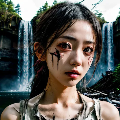post-apocalypse, 1girl japanese,(torn clothes:1.1), waterfall,(masterpiece, best quality, high quality, highres, ultra-detailed), <lora:add_detail:0.7> ,portrait, <lora:asianGirlsFace_v1:0.6>