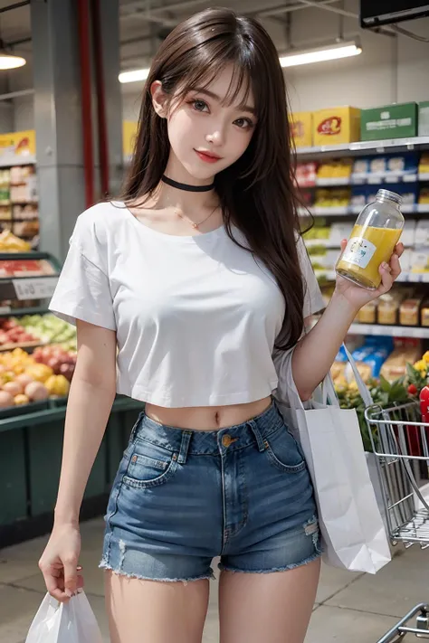 1girl with pretty face and long hair, airy bangs, cute, smile, holding milk bottle, wearing choker, white t-shirt and jeans shorts, medium breasts, slender, inside Convenience store, shopping carts, best quality, masterpiece, ultra high res, (photorealistic:1.4), raw photo <lora:asianGirlsFace_v1:0.3> <lora:Oriental_Beauty_2:0.3>