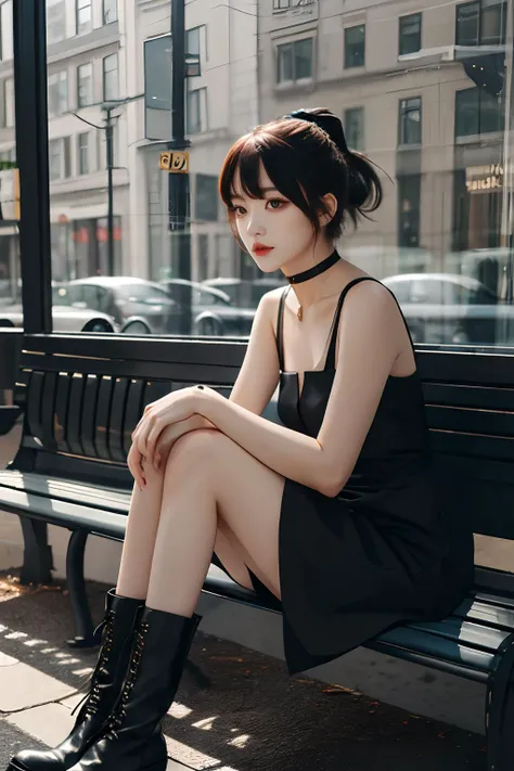 masterpiece, (photorealistic:1.2), outside of a cafe, daylight, 1girl with ponytail and long legs wearing choker, black dress and low ankle boots, sitting on a bench in front of cafe window <lora:asianGirlsFace_v1:0.3> <lora:K-AIgirl-face2:0.3> <lora:tangbohu-breasts_2:-2>