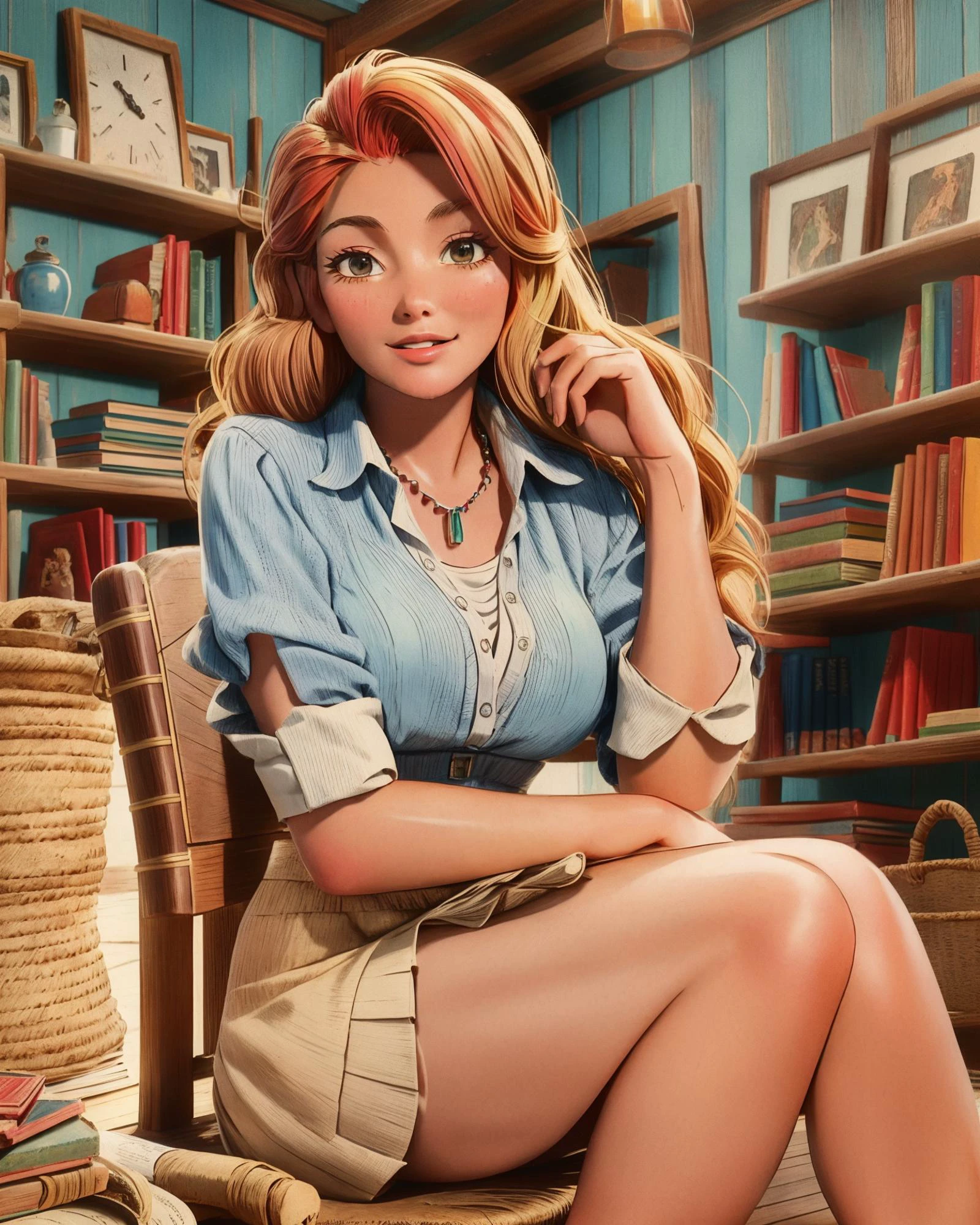 <lora:warrentufts:1.4> warrentufts, (vintage drawing:1.2), 21yo (Ecuadorian Ecuador:1.2) woman
dynamic pose, sitting with one knee up, ready for movement
outside (place cav_rdrguarma:1.1),
masterwork, best quality
Timeless library with wooden shelves and leather-bound books, creating an intellectual and studious backdrop for an academic senior portrait.,
(strawberry blonde hair color in a short slicked back style:1.2),
necklace ,
linen button-up shirt, denim shorts, espadrilles