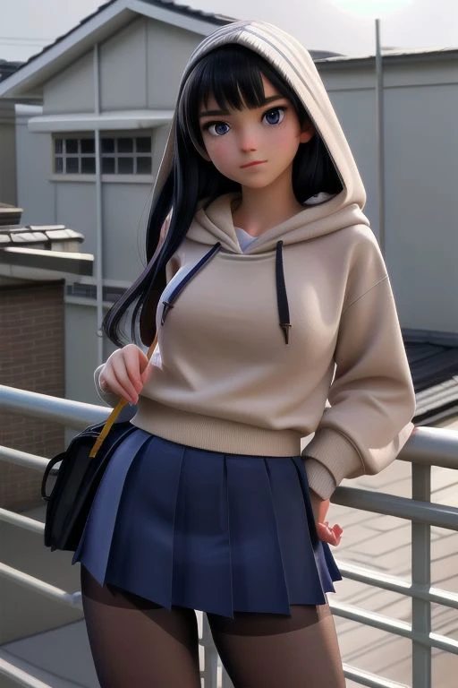 best quality,masterpiece,On the school rooftop, a female student stands by the railing, dressed in a Japanese school uniform. Sunlight bathes her shoulders, and her gaze is focused and deep in thought. She wears black pantyhose, hoodie,