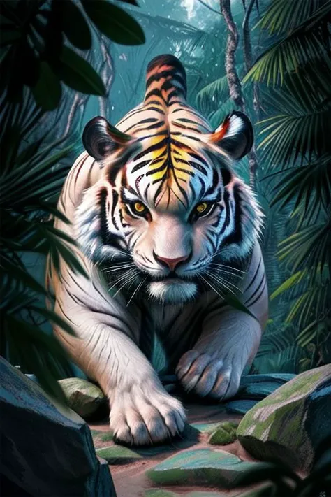 Craft a captivating image of a majestic white and black tiger, juxtaposed against a backdrop of dense foliage or striking rock formations, symbolizing the raw power and mystique of the wild. 