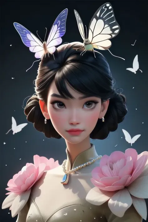 Inspired by Artgerm, 1 woman, high hairstyle decorated with pearls, beautiful, elegant,portrait to the middle of the body, floral dress, geometric swarm of moths flying around, epic frame, geometric jewelry, the highest detail of the face, 2d, Inspired by Artgerm, the greatest quality