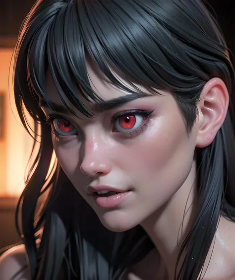 , ((Face close up)), best quality, clear graphics, torch light, (The detail is clear to every hair on the face), 1girl, demonic, evil, nsfw, sexy woman, eye depth, (brother moons), (dead space) ,science fiction, (beautiful glowing red eyes), photo realistic, 20 megapixel, nikon d850, ((vibrant, photo realistic, realistic, dramatic, sharp focus, 8k)), (faded freckles:0.6), subsurface scattering, sharp, retouched, intricate detail, by Greg Rutkowski, by (Jeremy Lipking,:0.8), ((junji ito)), by ralph bakshi,((Silent Hill)), H.R. Giger, Beksinski