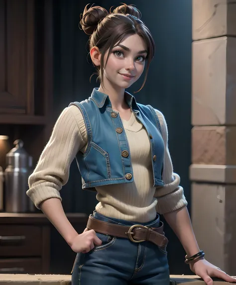 lifen, single hair bun, brown hair, brown eyes,  
blue tights,  blue vest, spike bangles,  toned, 
 solo,   streets,  arena, 
standing, upper body,  smile,  cowboy shot, 
(insanely detailed, beautiful detailed face,, masterpiece, best quality) cinematic lighting, <lora:lifen:0.7>