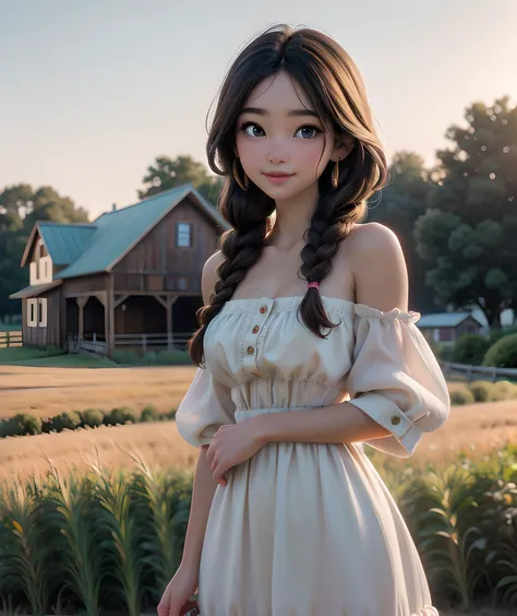 best quality, masterpiece, young 1girl with braided hair, dressed in Off-Shoulder Sundress, standing in a rustic farm setting. She has a soft, gentle smile, expressive eyes and sexy cleavage. beautiful and aesthetic, The background features a charming barn, fields of golden wheat, and a clear blue sky. The composition should be bathed in the warm, golden hour light, with a gentle depth of field and soft bokeh to accentuate the pastoral serenity. Capture the image as if it were taken on an old-school 35mm film for added charm, looking at viewer, <lora:KiloyJPFSDXL:0.3>
