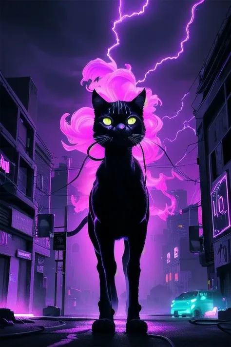 Blacklight paint: An image of a Dark-Black electric Cat,A whole body,otherworldly,with intricate neon patterns on its fur. Surreal atmosphere,Gloomy night with lightning streaking the sky,flickering,glow,against the background of a dark urban silhouette in the distance,Fluorescent pigments,vibrant and surreal colors,ethereal glow,otherworldly effects,Aggressive,threatening look,neon aesthetics,transformative in ultraviolet light,contemporary and experimental. YOW:0,0,<lora:glowneon_xl_v1:1>,glowneon,glowing,sparks,lightning,<lora:cybepunk:1>, Cyberpunk,