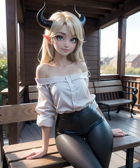 anime, moe, cute, soft lighting, well lit, vivid color,
masterpiece, best quality, curvy, shiny skin, 1girl, demon horns, hazel eyes, detailed hair, long platinum blonde hair,
detailed pupils, light smile, looking at viewer,
casual, off shoulder shirt, baggy shirt, black leggings,
sitting, bench, porch, cowboy shot