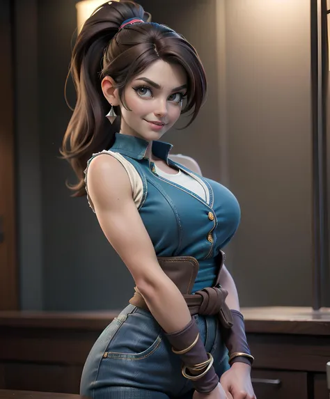 lifen, high ponytail, brown hair, brown eyes,
blue tights, blue vest, spike bangles, toned,
solo, streets, arena,
standing, upper body, smile, cowboy shot, ,curvy,milf,sexy body,thin waist,
(insanely detailed, beautiful detailed face,, masterpiece, best quality) cinematic lighting, <lora:lifen:0.7>