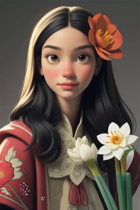 1 female, narcissus flower, pomegranate, illustration, contrasting shadows, masterpiece, intricate patterns the highest detail of the face, the highest detail of the face, illustration, the greatest quality, ultra-detailed