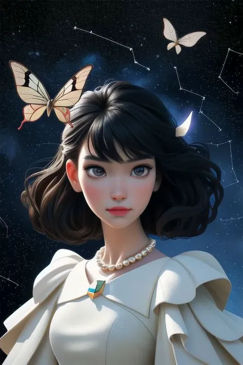 Inspired by Artgerm, 1 woman, high hairstyle decorated with pearls, beautiful, elegant,portrait to the middle of the body, floral dress, geometric swarm of moths flying around, epic frame, geometric jewelry,stars, intricate constellations, the highest detail of the face, 2d, Inspired by Artgerm, the greatest quality