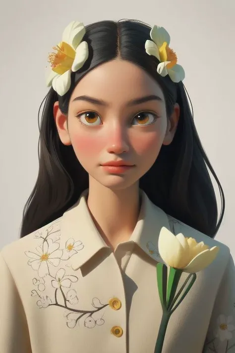 1 female, narcissus flower, pomegranate, illustration, contrasting shadows, masterpiece, intricate patterns the highest detail of the face, the highest detail of the face, illustration, the greatest quality, ultra-detailed