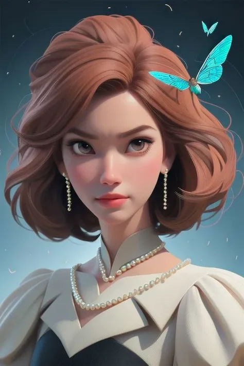 Inspired by Artgerm, 1 woman, high hairstyle decorated with pearls, beautiful, elegant,portrait to the middle of the body, floral dress, geometric swarm of moths flying around, epic frame, geometric jewelry, the highest detail of the face, 2d, Inspired by Artgerm, the greatest quality