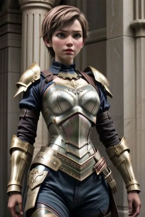 MelindadeCameron, 1girl, solo, boyish short hair, brown hair, brown eyes, armor, gauntlets, breastplate, greaves