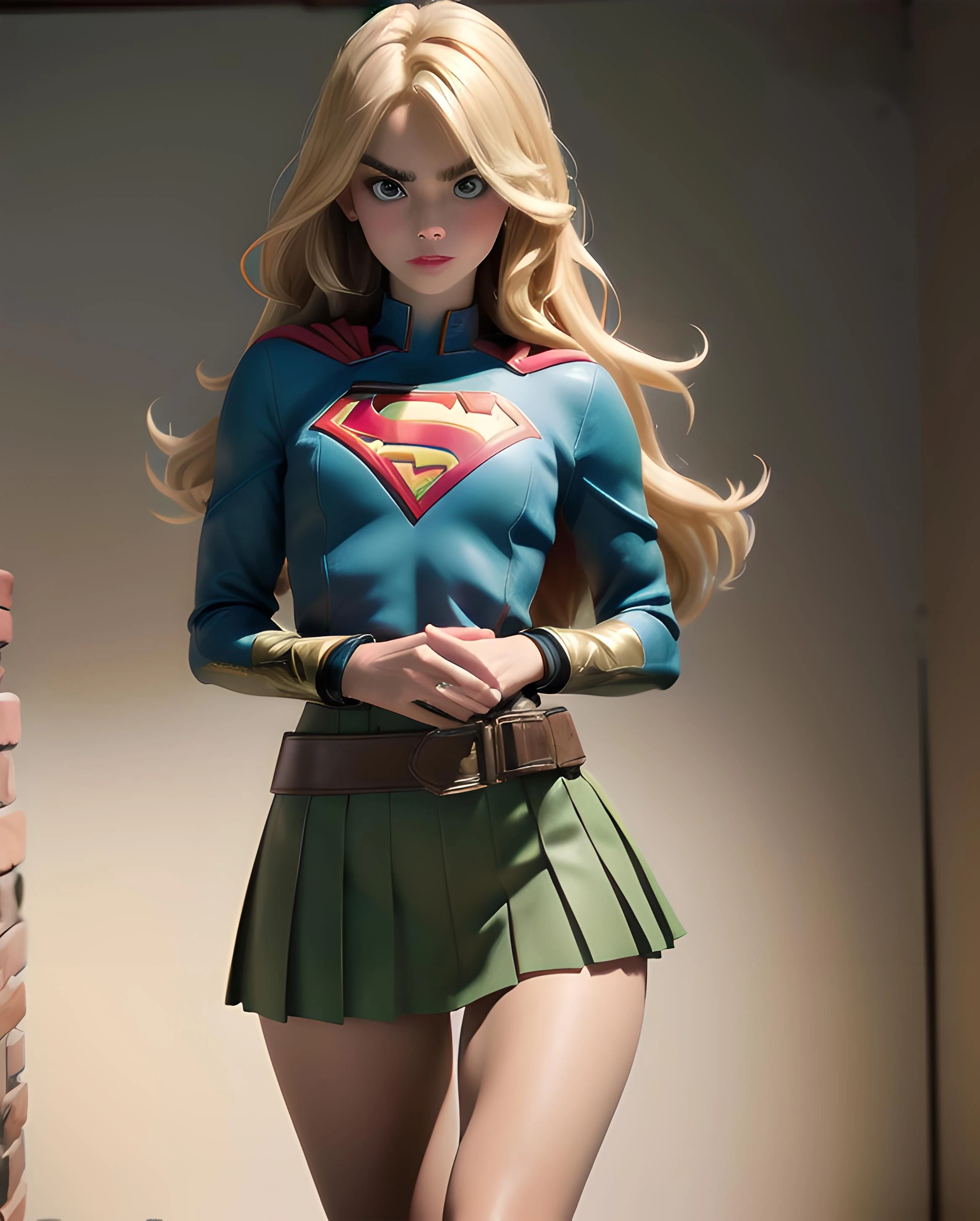 wide shot photo, 1girl, beautiful woman, as supergirl. Super hero. green and tan digital camouflage pleated skirt. Alice Eve mixed with Cara Delevingne in a gold mine. Skinny, flat chest, thigh gap, toned body. Seductive, innocent. Health. Soldier. by Jean-Baptiste Monge,by J Scott Campbell,by Norman Rockwell