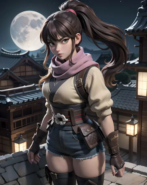 Akane,brown hair,heterochromia,ponytail,side ponytail,  mean face,  looking at viewer, 
Yagyu,toeless legwear,thighhighs,armor,fingerless gloves,shorts,scarf,
 upper body,  face focus,    from above,  standing, 
Japanese building,nighttime,moon,Sengoku period, wall, 
(insanely detailed, beautiful detailed face, masterpiece, best quality)  <lora:AkaneYagyu:0.7>,