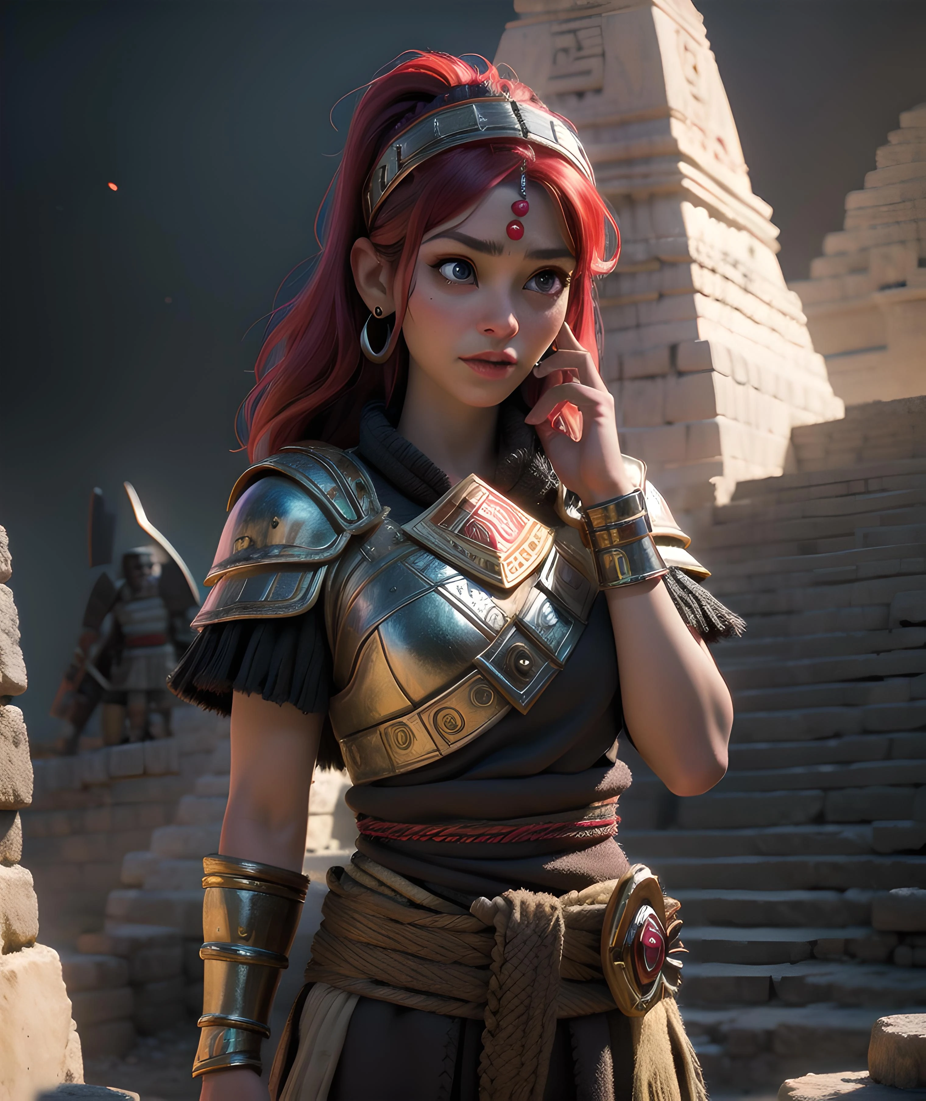 high detail RAW color Photo of beautiful 30yo woman, mayan, head band, armor, mayan pyramid GlowingRunesAIV2_red
photorealistic, 35mm, masterpiece, best quality, 8K,UHD
realistic, highly detailed, harsh lighting, cinematic lighting,
<lora:GlowingRunesAIV6:0.8>