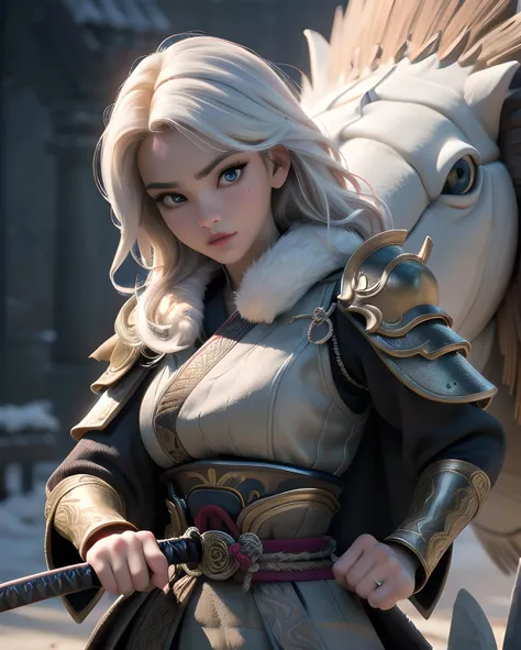((masterpiece:1.2, best quality)), ultra detailed, high resolution, Ultra-precise depiction, Ultra-detailed depiction, best quality, extremely detailed, (dynamic pose), (photorealistic:1.4), official art, unity 8k wallpaper, beautiful and aesthetic,beautiful hands, perfect hands, fingernails, deep shadow, low key, official art, unity 8k wallpaper, (masterpiece),(intricate details), large breast, wide hips, (raw photo,8k,photorealistic:1.3),Fujifilm XT3, sharp focus, (highly detailed background:1.0), beautiful detailed eyes, ultra realistic details, sharp focus, (original: 1.2), (white:1.4), full mask, armor, sword, holding sword, samurai robe, katana, holding sword, fur trim, <lora:more_details:0.5> <lora:add_detail:0.5>