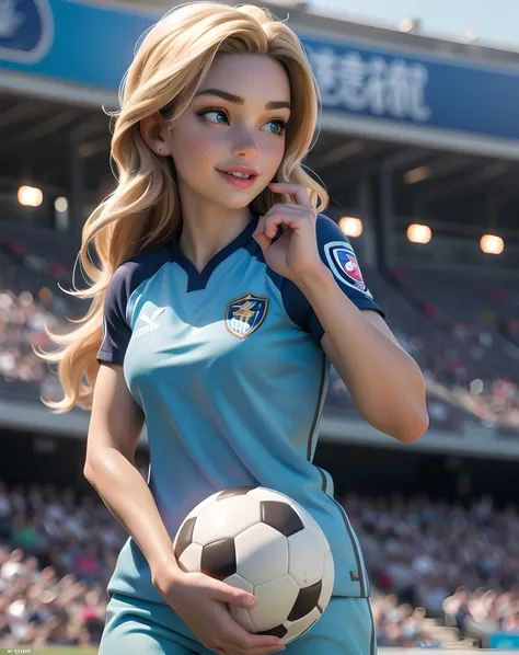 beautiful:1.2, (cute:1.3) (curvy:0.7), female soccer player in a crowded stadium, soccer ball, (smiling:0.7), detailed skin, (realistic skin:1.2), (freckles:0.9), blue eyes, full lips, broad cheek, masterpiece, ultra realistic, realistic light, (saturation:0.4), photorealistic, best quality